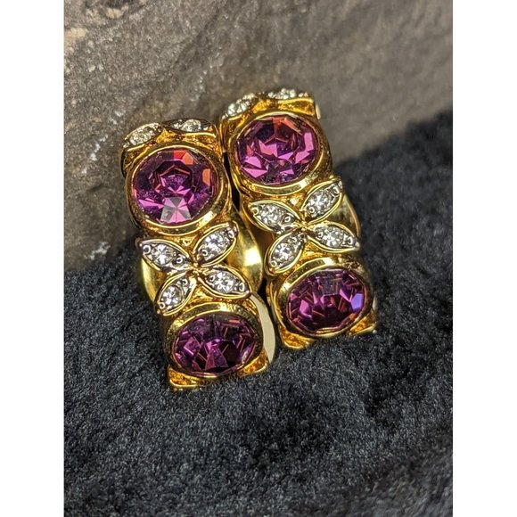 D'ORLAN Earrings Clip-on Glass Amethyst Purple Flowers Rhinestones - Picture 1 of 10